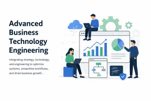 Advanced Business Technology Engineering illustration showing integration of business strategy, technology, and engineering to improve workflows and drive growth