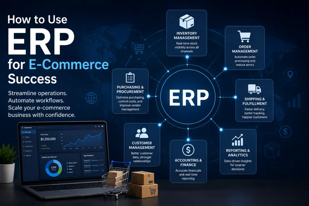 ERP for e-commerce infographic showing automation, inventory management, order processing, and business scaling operations