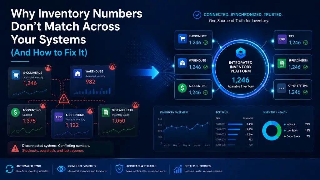inventory mismatch between systems illustration showing disconnected software platforms, inventory discrepancies, and integrated business operations
