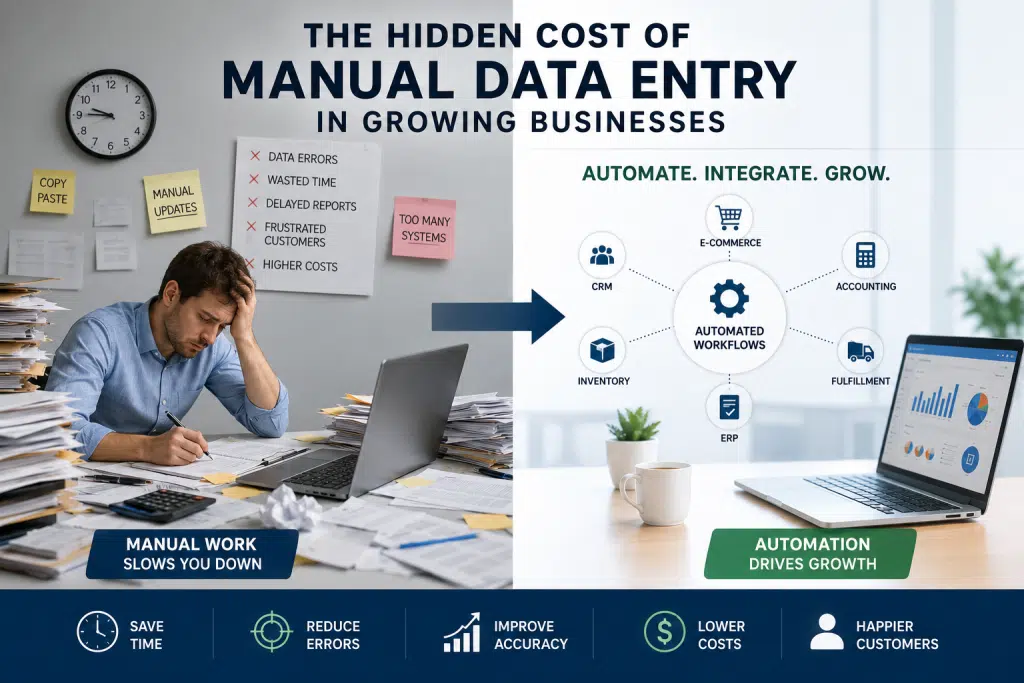 cost of manual data entry illustration showing disconnected systems, repetitive workflows, automation, and business efficiency