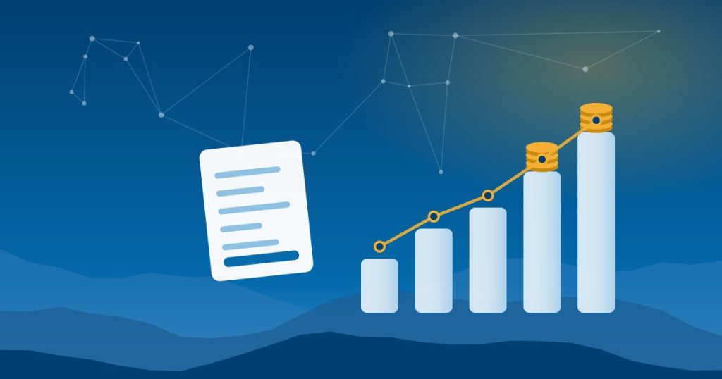 Illustration of a rising bar chart topped with stacked coins over Blue Ridge mountain ridges, representing AI implementation cost