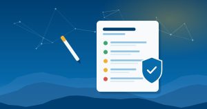 Illustration of a policy document with green, yellow and red checklist items and a shield with a check mark, over Blue Ridge mountain ridges, representing an AI use policy