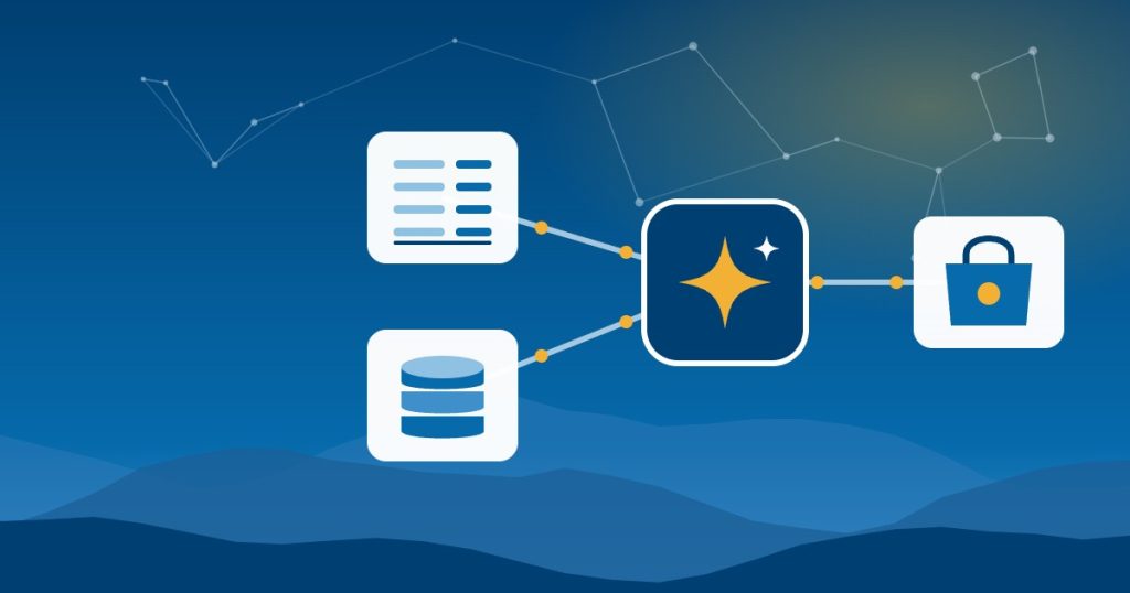 Illustration of an AI hub connected to accounting, ERP database and online store icons over Blue Ridge mountains