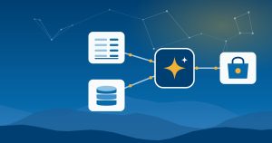 Illustration of an AI hub connected to accounting, ERP database and online store icons over Blue Ridge mountains