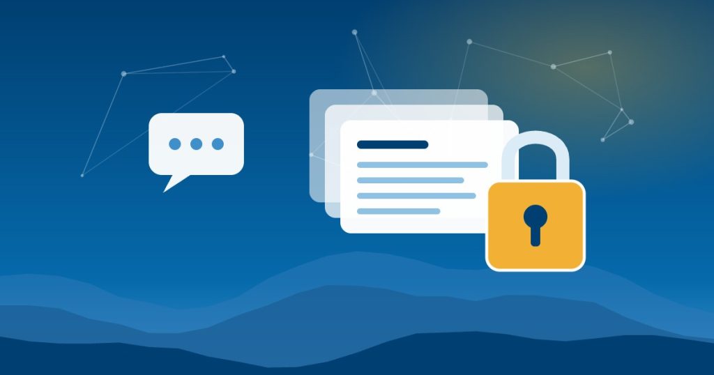 Illustration of a padlock in front of stacked data cards and a chat bubble, over Blue Ridge mountain ridges, representing business data safety in AI tools like ChatGPT