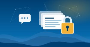 Illustration of a padlock in front of stacked data cards and a chat bubble, over Blue Ridge mountain ridges, representing business data safety in AI tools like ChatGPT