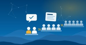 Illustration of a small team adopting AI in waves, from a two-person pilot group to the whole team, over Blue Ridge mountains